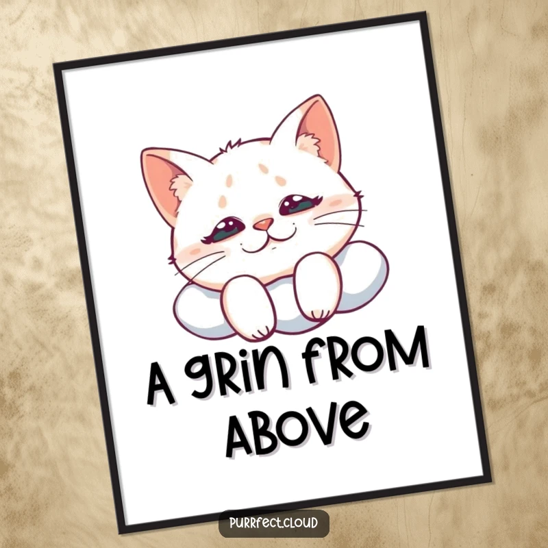 Funny digital art of a cat with a mischievous grin looking down from a cloud, capturing playful intent and sly humor instantly.