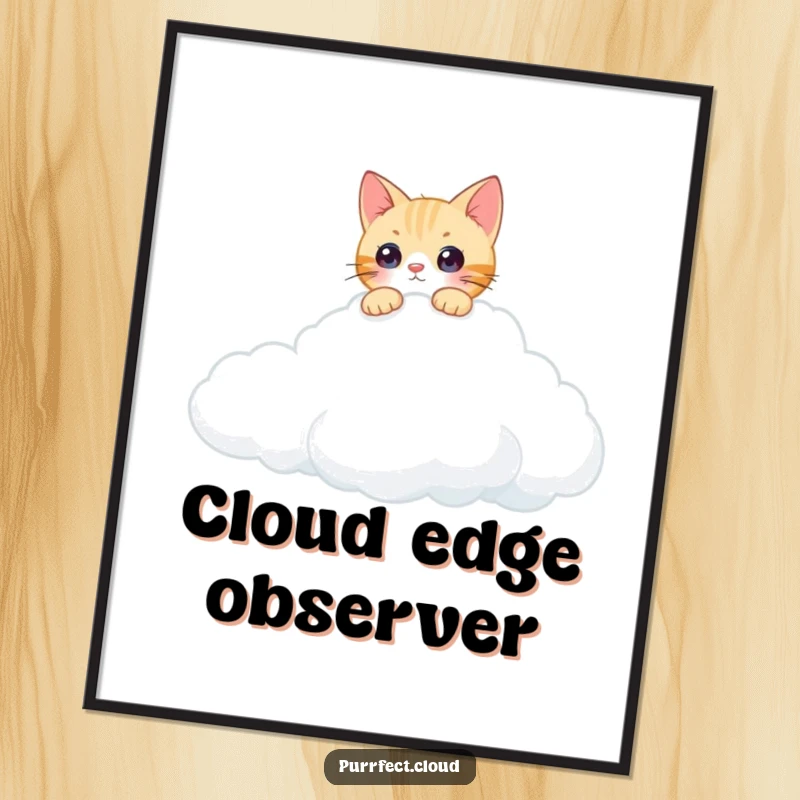 Funny curious cat cloud digital art print of a cat peering over a cumulus cloud, offering instant whimsical feline decor.