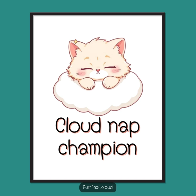 Funny Sleeping Cat Cloud Digital Art: Dreamy Feline Art Print for Your Space