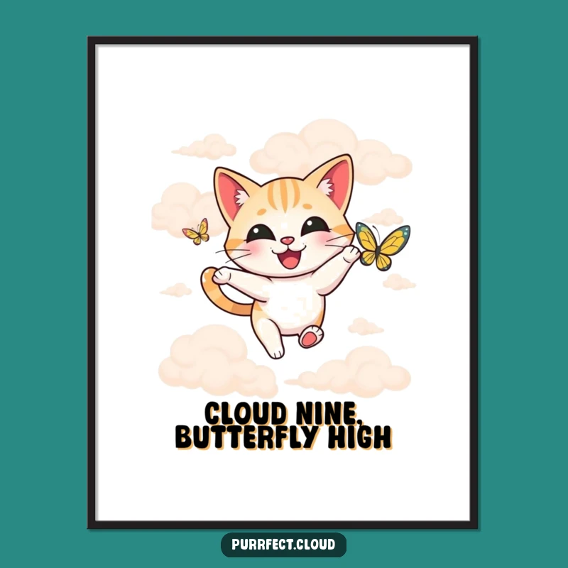 Funny Happy Cat Butterfly Digital Art - Whimsical Printable Decor