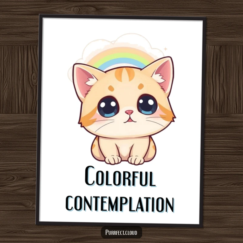 Funny Cat Rainbow Digital Art, a cat looks at a rainbow from a cloud, awestruck feline, printable wall decor.