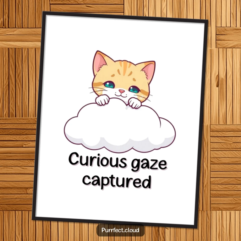 Funny Curious Cat Digital Art Print: Cat peering over a cloud's edge, looking down with wide-eyed curiosity and humor. An instant funny gift.