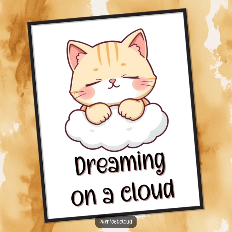 Funny digital art print of a cat with closed eyes, purring contentedly on a cloud, offering instant humorous decor.