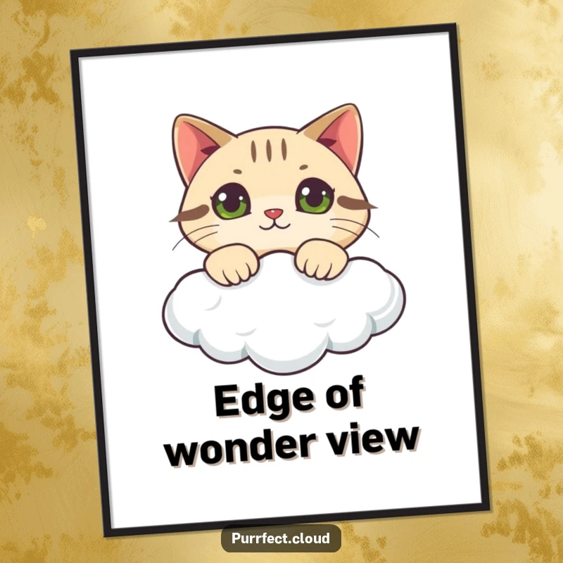 Funny cat digital art print of a curious cat peeking over a cloud, perfect for instant download and humorous decor.