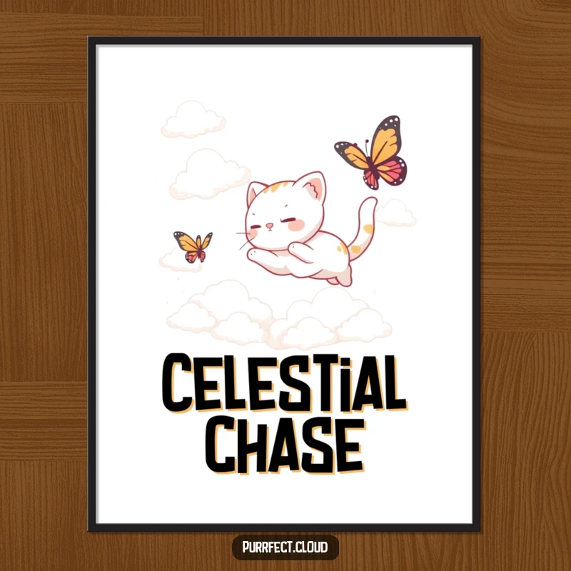 Funny Digital Art Print: A whimsical cat chasing a butterfly amongst clouds, perfect for adding dreamy decor.