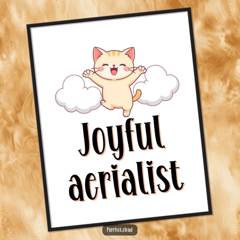 Funny Cat Cloud Digital Art, a cat leaps between clouds, energetic and joyful, printable wall decor.