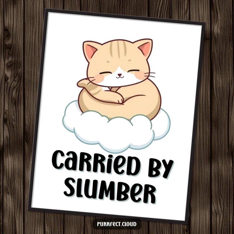 Funny digital art of a cat peacefully curled up, gently carried by a floating cloud, capturing pure feline serenity and calm instantly.