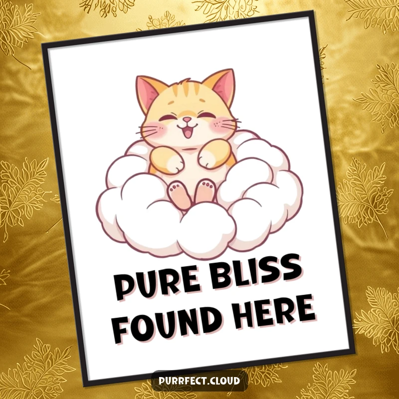 Funny digital art of a happy cat blissfully rolling in soft, fluffy clouds, capturing pure feline joy and whimsical delight for instant decor.