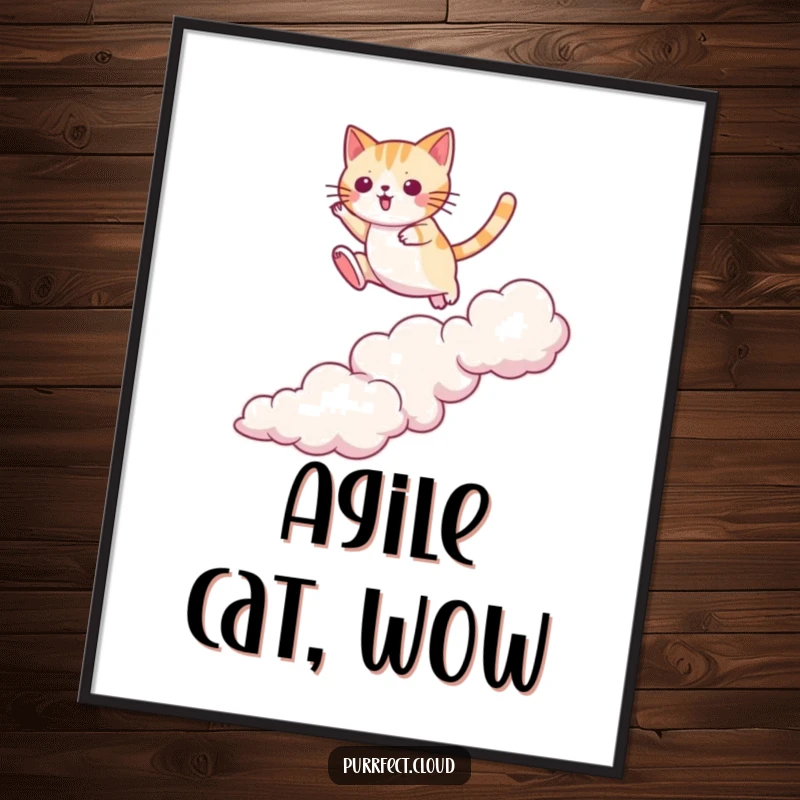 Funny cat digital art print of a cat jumping between clouds with agility, dynamic action, downloadable art, a hilarious funny gift.