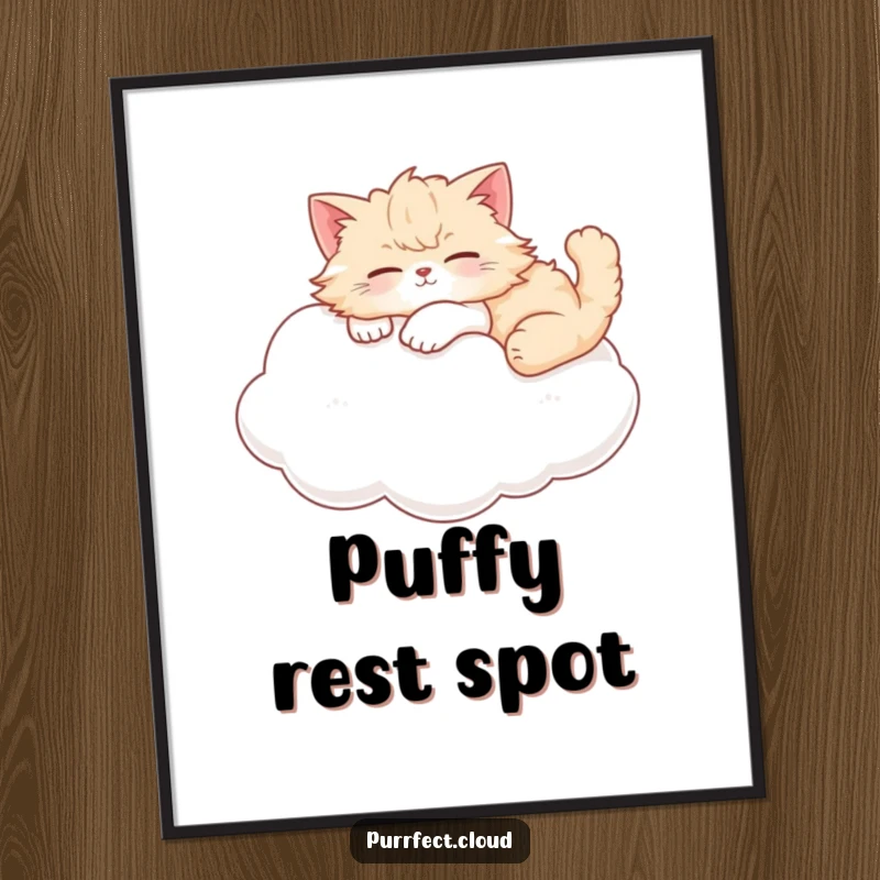 Funny cat digital art print of a fluffy cat in a deep state of relaxation, lounging on a cloud.