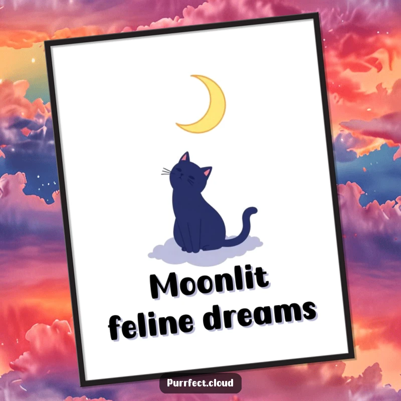 Funny cat silhouette digital art print of a cat on a cloud looking up at a crescent moon, perfect for magical and serene wall decor.