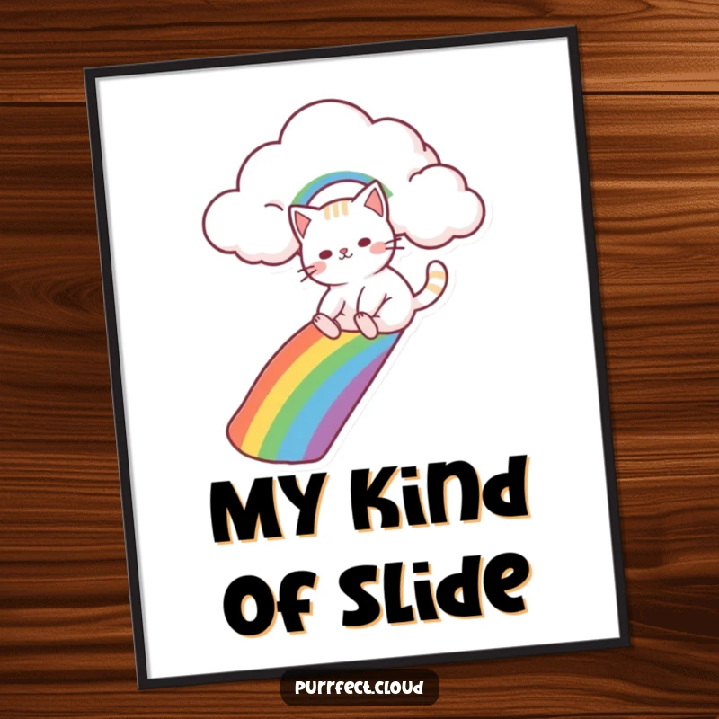 Funny cat character joyfully sliding down a vibrant rainbow from a cloud, available as a downloadable digital art print.