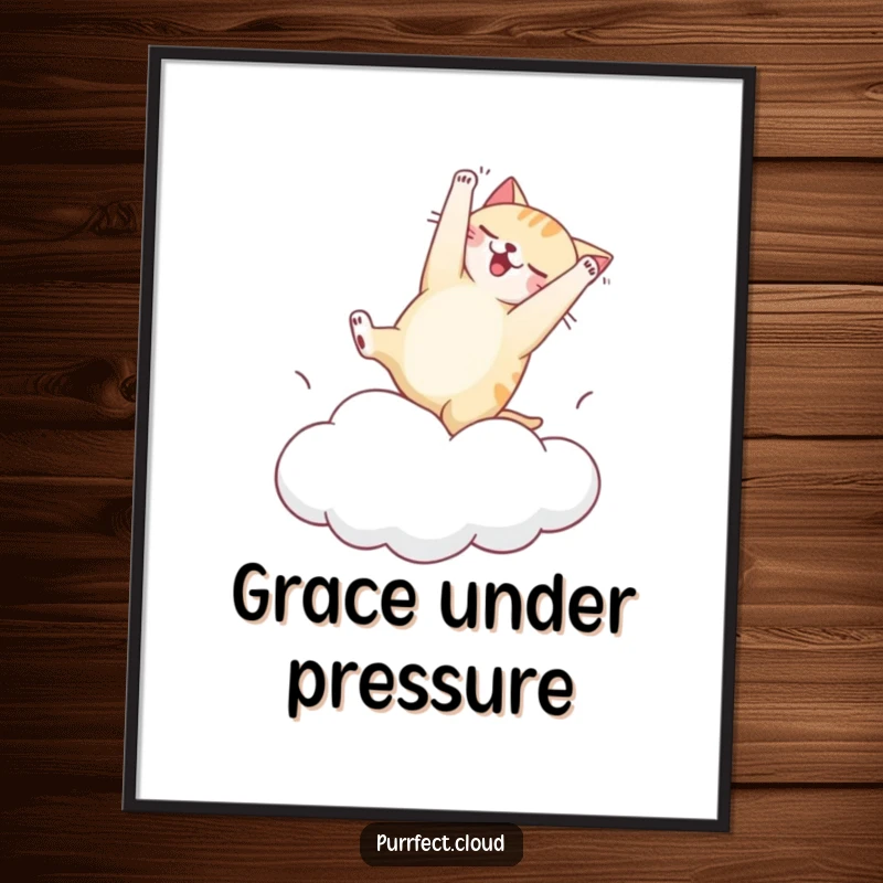 Funny digital art print of a cat hilariously attempting a clumsy somersault on a bouncy cloud, full of energy and pure humor.