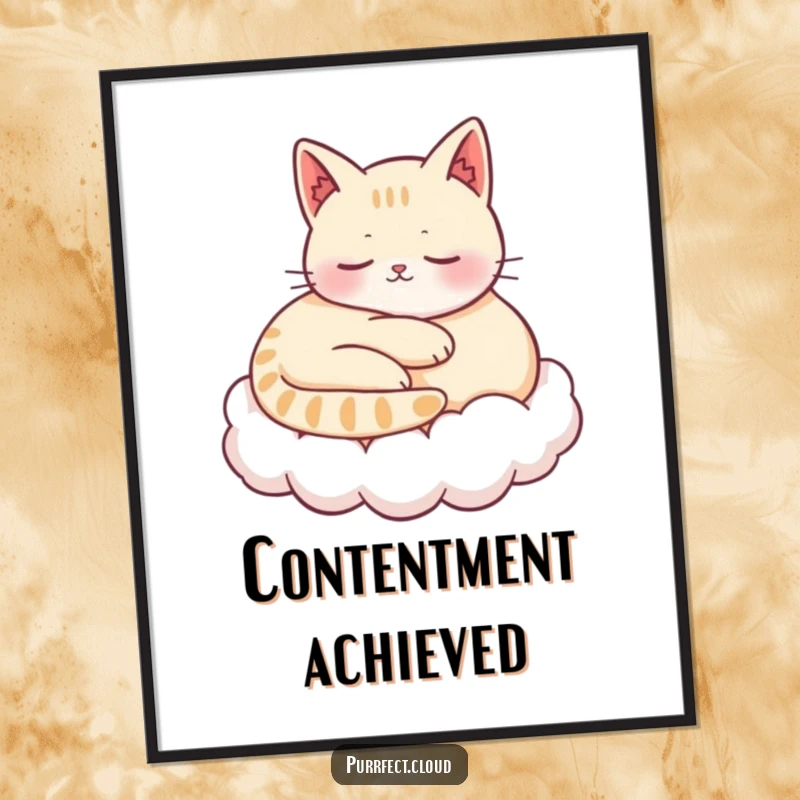 Funny digital art print of a content cat curled up on a cloud, purring, conveying peacefulness and humorous relaxation.