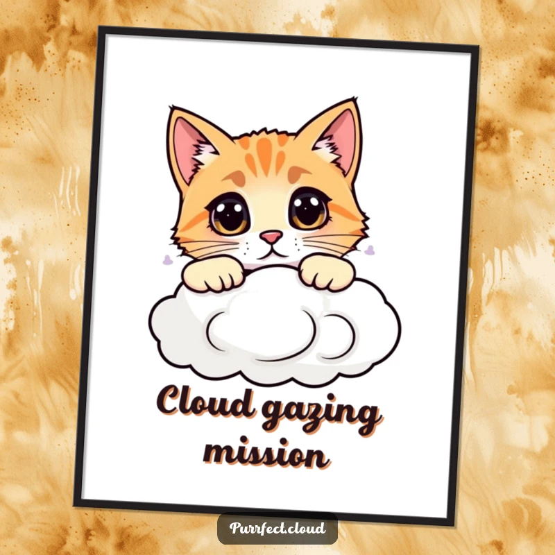 Funny digital art print of a curious cat peeking over a cloud, whimsical and humorous wall decor, instant download.