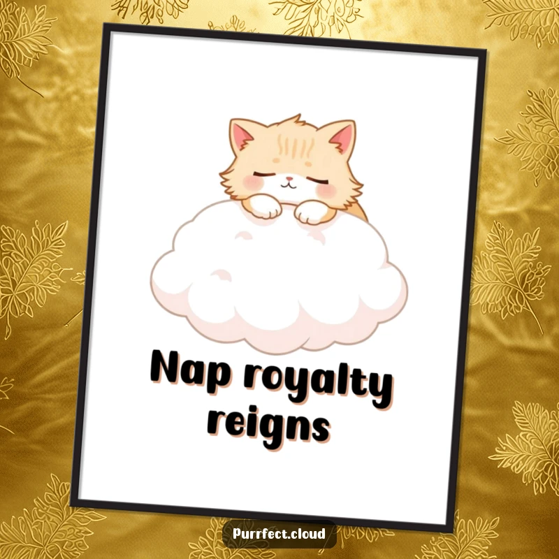 Funny Fluffy Cat Digital Art Print showcasing a peaceful cat asleep on a soft cloud, perfect for a humorous and cozy ambiance.