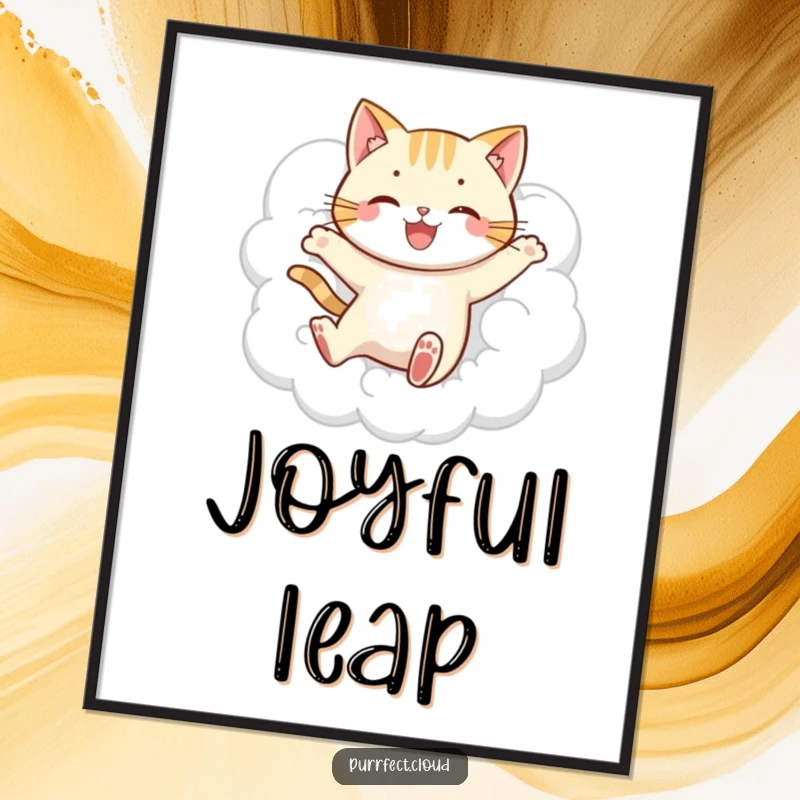 Funny jumping cat cloud digital art print, depicting a playful cat leaping joyfully through soft white clouds, a whimsical and uplifting visual.