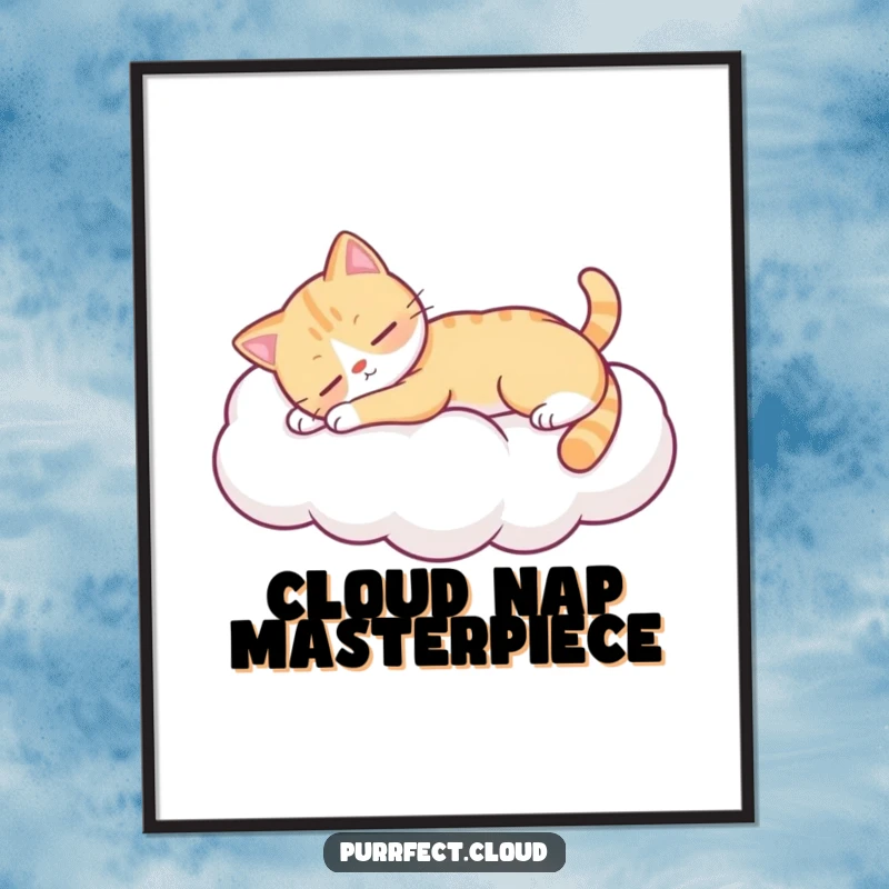 Funny cat stretching on a soft cloud, high-resolution digital art, beautiful funny gift.