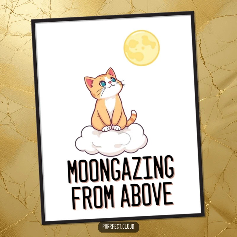 Funny digital art print of a cat on a cloud looking at the moon, offering instant ethereal wall decor with humor.