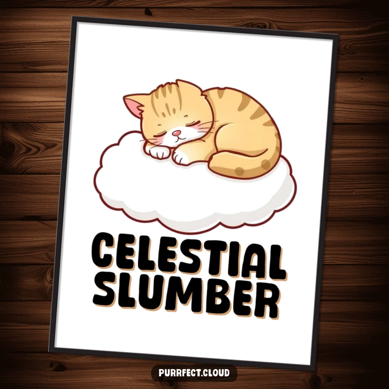 Funny Cat Digital Art Print, a peaceful feline napping on a fluffy cloud, a serene and whimsical piece for instant wall decor.