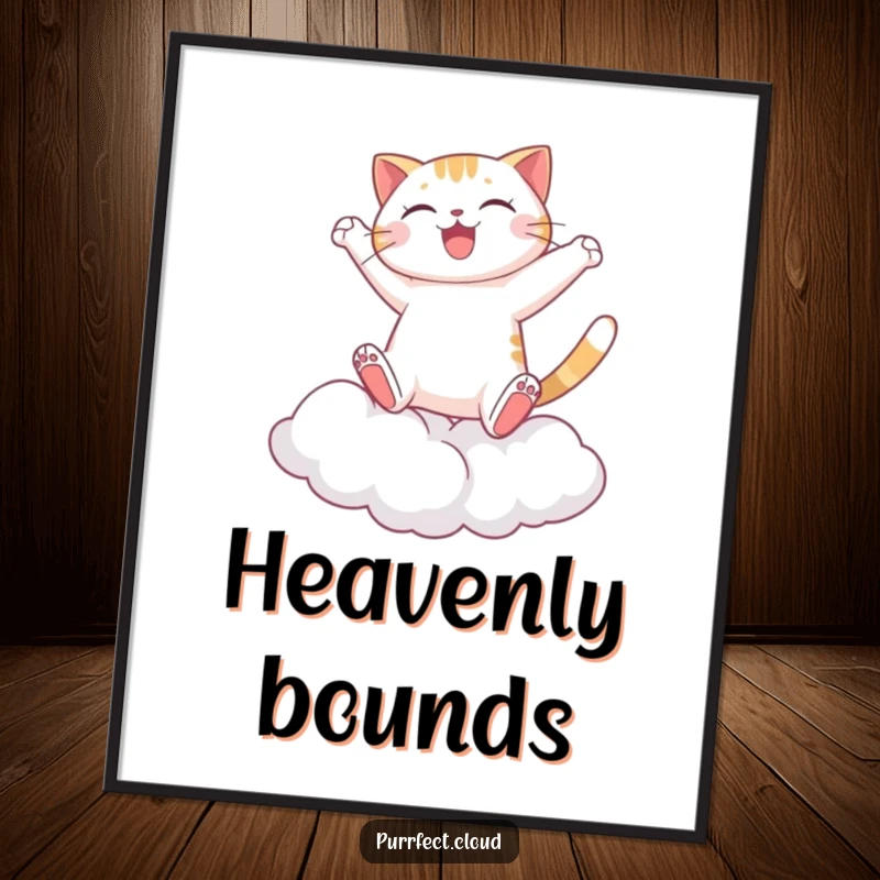 Funny Cat Digital Art Print, a joyful feline leaping between clouds, a dynamic and whimsical piece for instant wall decor.