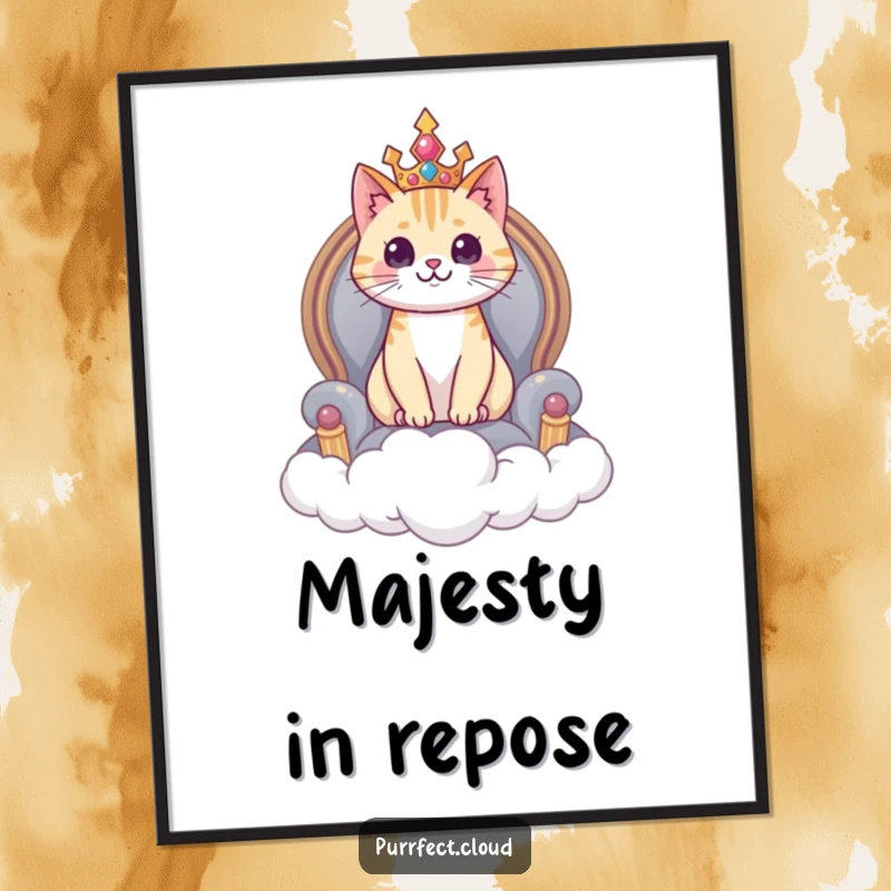 Funny cat digital art, a cat sits regally on a cloud throne, majestic and humorous instant download.