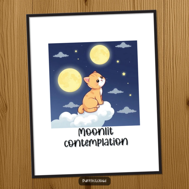 Funny cat digital art, a cat gazes at the moon from a cloud, ethereal and instant download art.