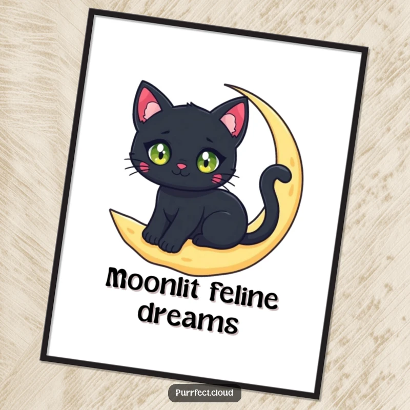 Funny black cat character with sparkling eyes sitting on a crescent moon cloud, offered as a high-resolution digital art print.