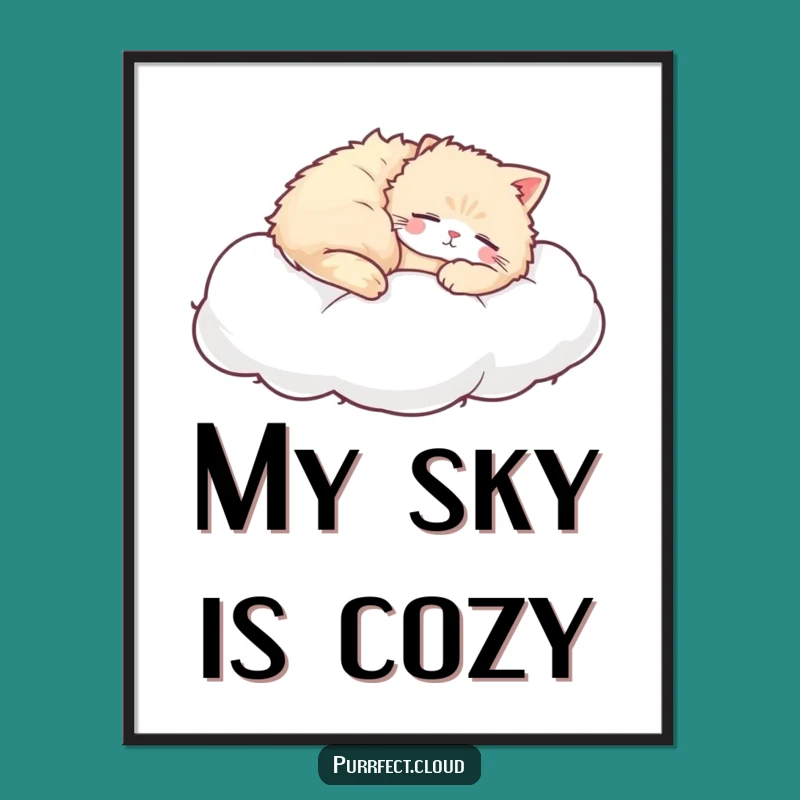 Funny Cat Cloud Digital Art: Peaceful Napping Feline, Serene Decor Instant Gift