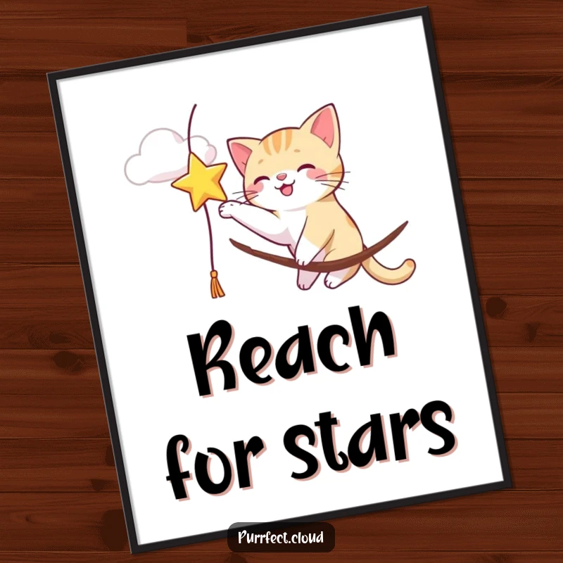 Funny cat joyfully batting at a dangling star from a cloud, a high-resolution whimsical digital art print.