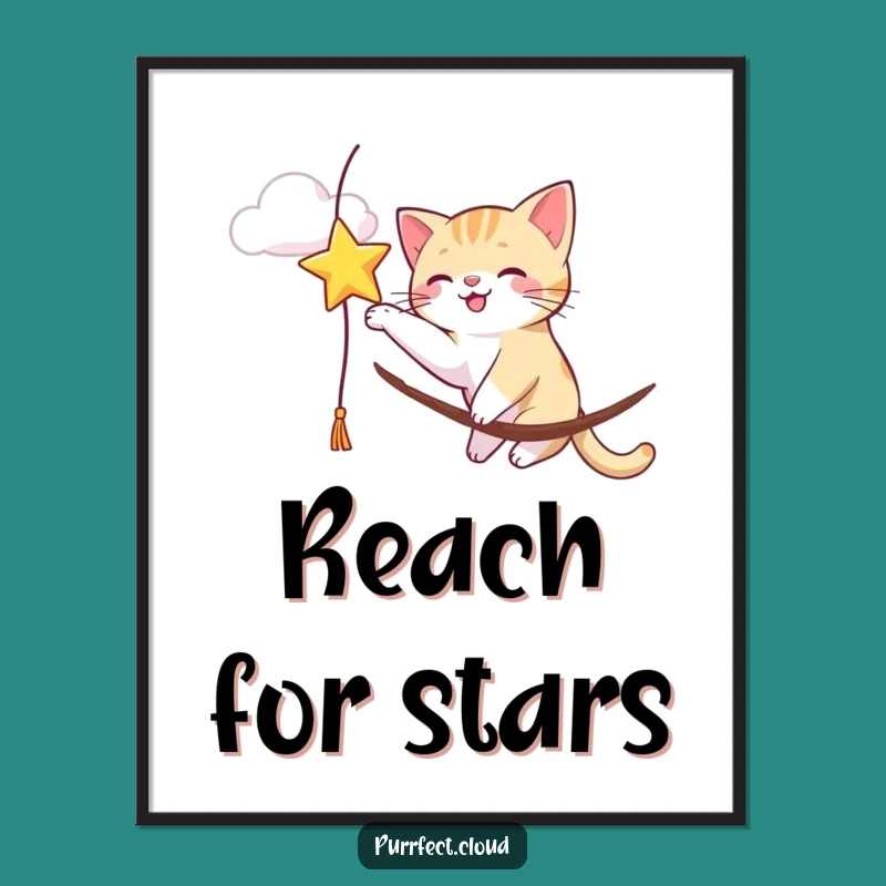 Funny Cat Star Batting Digital Art: Whimsical Feline Star Chase Print
