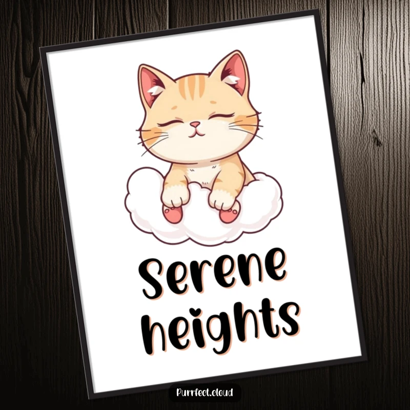 Funny cat digital art print, with closed eyes, enjoying a cloud ride, perfect for serene and calming wall decor.