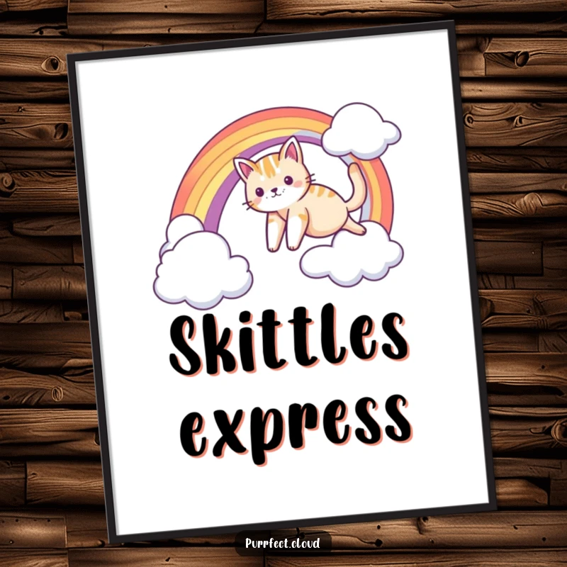 Funny digital art print of a cat sliding down a rainbow arc, creating a whimsical and humorous scene.