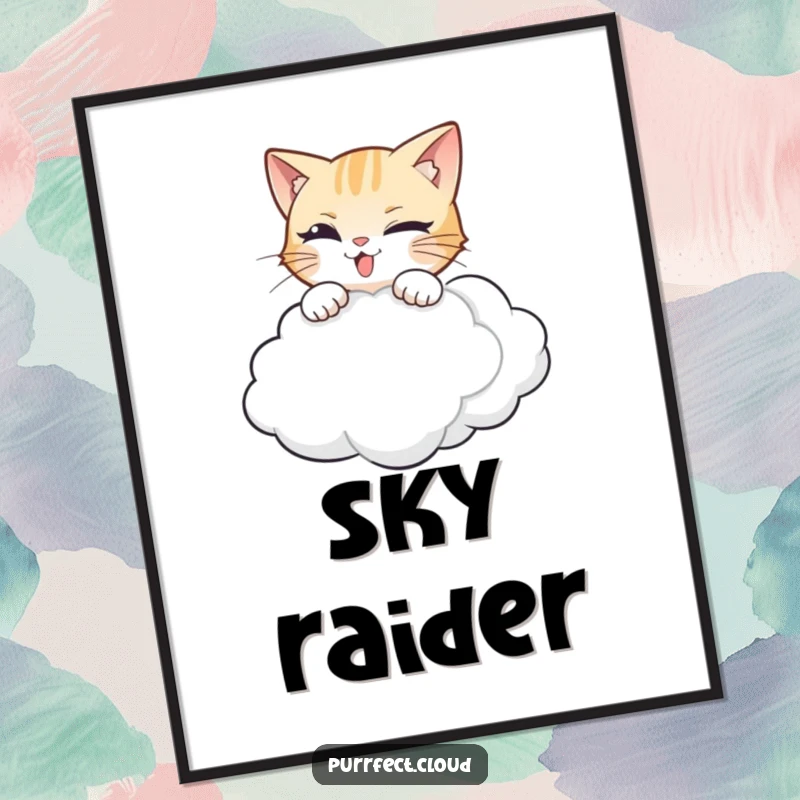 Funny cat digital art print of a mischievous cat captured in a dynamic pose, pouncing towards a fluffy cloud.