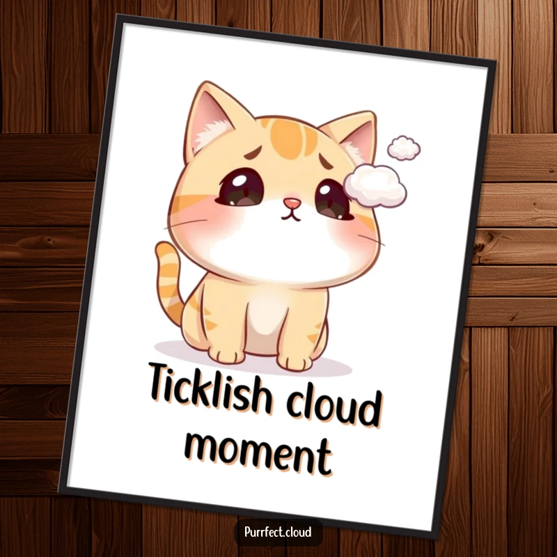 Funny cat digital art print of a surprised cat being tickled by a cloud, perfect for instant download and humorous decor.