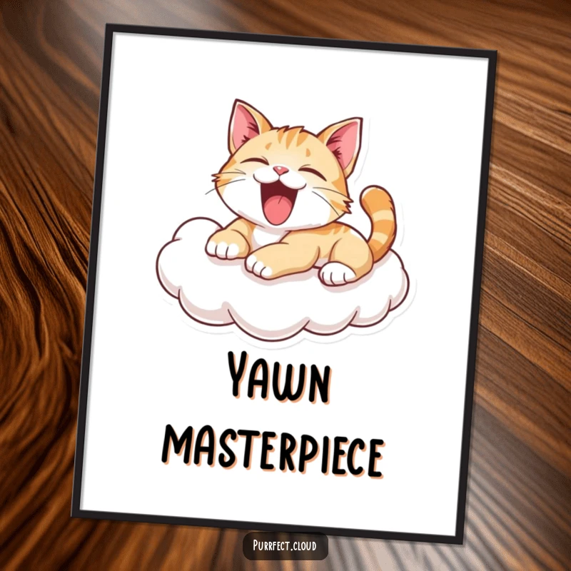 Funny Yawning Cat Digital Art Print: Playful cat yawning on a cloud, exuding relaxed humor and charm. An instant funny gift.