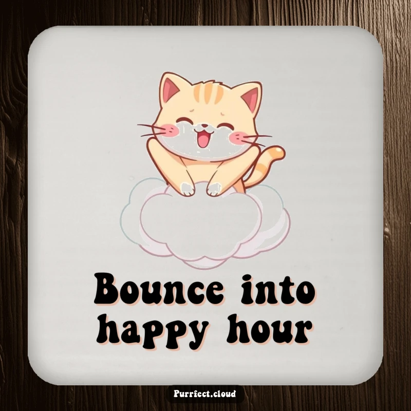 Funny kawaii cat coasters featuring a cute cat bouncing on a cloud, protecting surfaces with adorable humor.