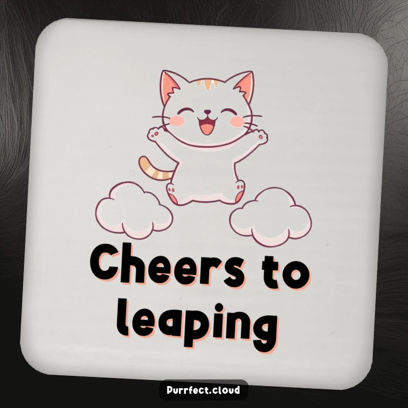 Funny drink coasters featuring a happy cat leaping between clouds, adding playful humor and protecting surfaces.