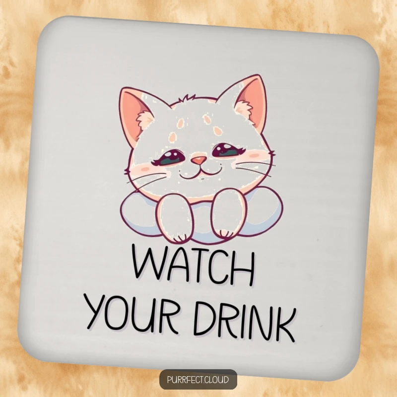 Funny coaster featuring a cat with a mischievous grin looking down from a cloud, adding playful charm and sly humor to any beverage.