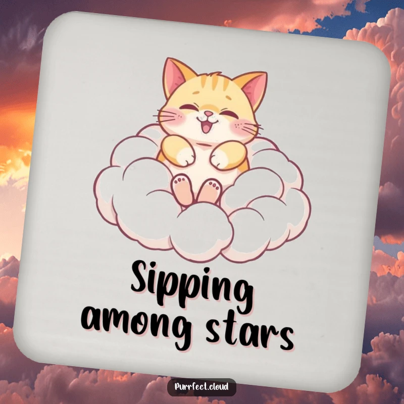 Funny coaster featuring a happy cat blissfully rolling in soft, fluffy clouds, adding whimsical charm and playful protection to any beverage.