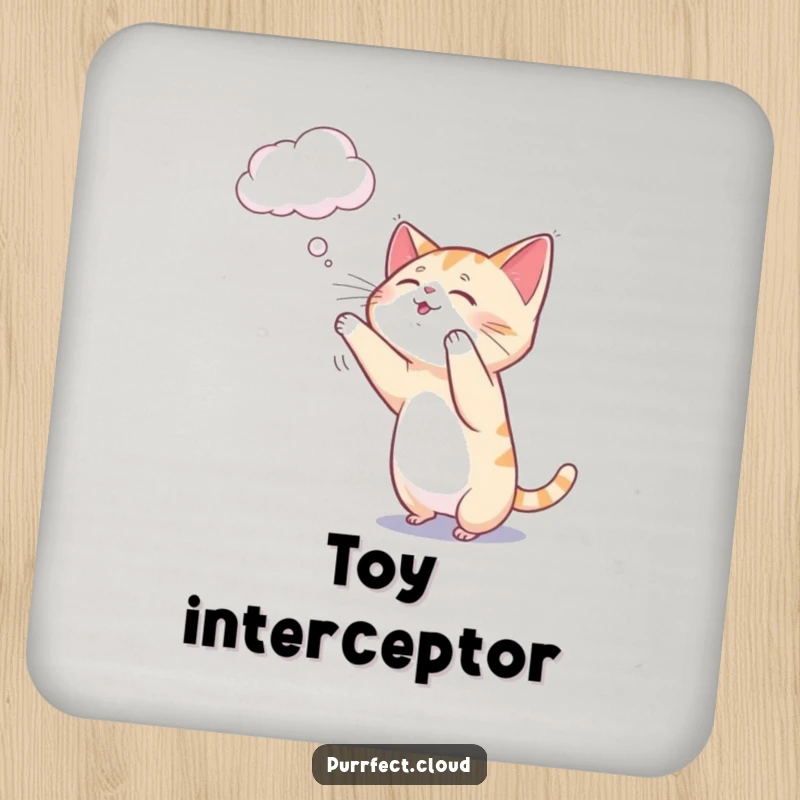 Funny cat coaster depicting a playful cat gently batting at a delicate wisp of cloud.