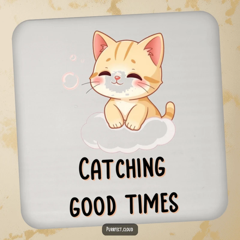 Funny cat on a cloud humorously trying to catch wind on a cute drink coaster.