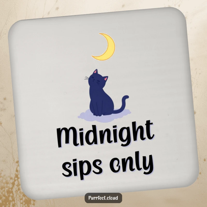 Funny cat silhouette coaster featuring a cat on a cloud looking up at a crescent moon, a humorous and protective drink accessory.