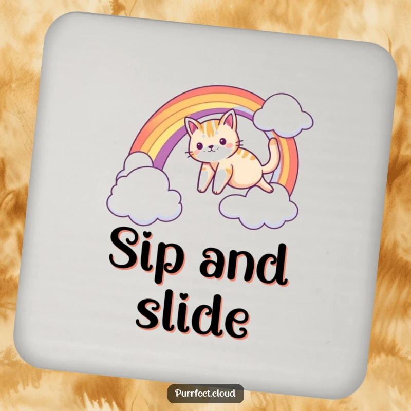Funny drink coasters featuring a cat sliding down a rainbow arc, bringing whimsical humor to drink service.