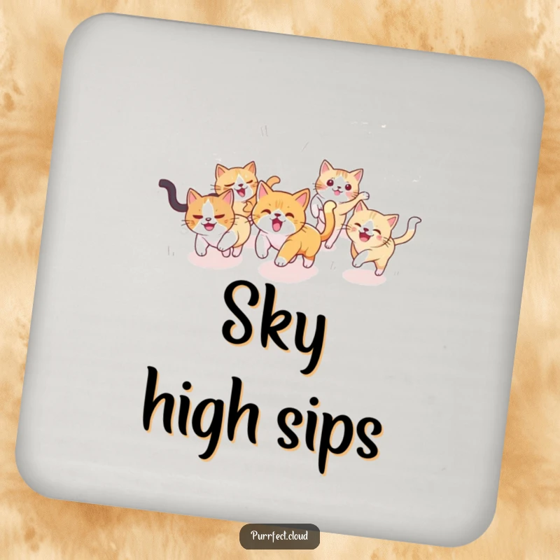 Funny Cat Coasters: A delightful scene of cats playfully chasing each other through a cloudy sky, protecting surfaces with whimsical charm.