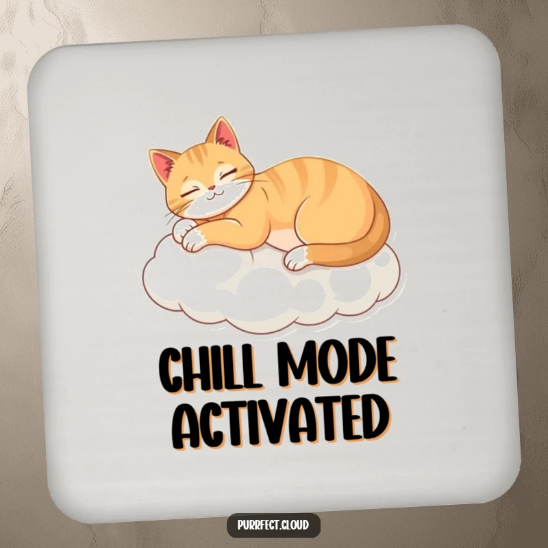 Funny drink coaster with a relaxed cat stretching on a cloud, adding a touch of humor and protection to any surface.