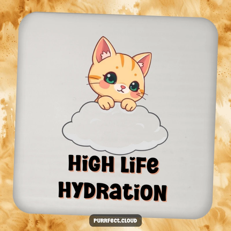 Funny curious cat peeking over a cloud, absorbent coaster, excellent funny gift for party hosts.