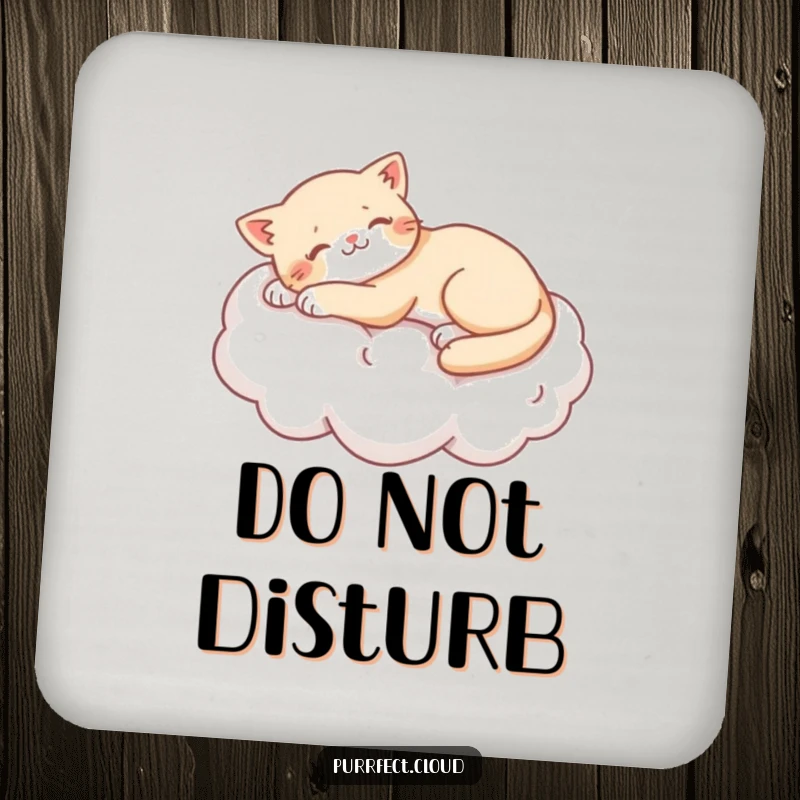 Funny cat stretching lazily on a soft cotton cloud, illustrated on a drink coaster to protect furniture.