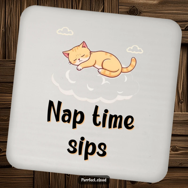 Funny napping cloud cat drink coaster, showing a cat peacefully asleep on a fluffy cloud.