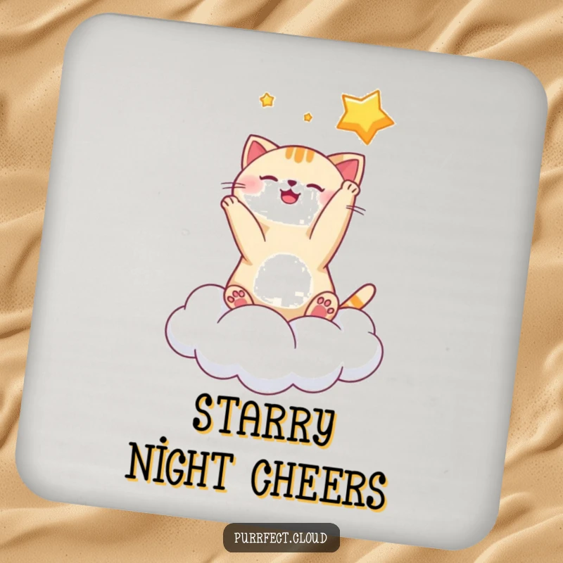 Funny playful cat coasters featuring a cat batting at a star on a cloud, protecting surfaces with celestial charm.